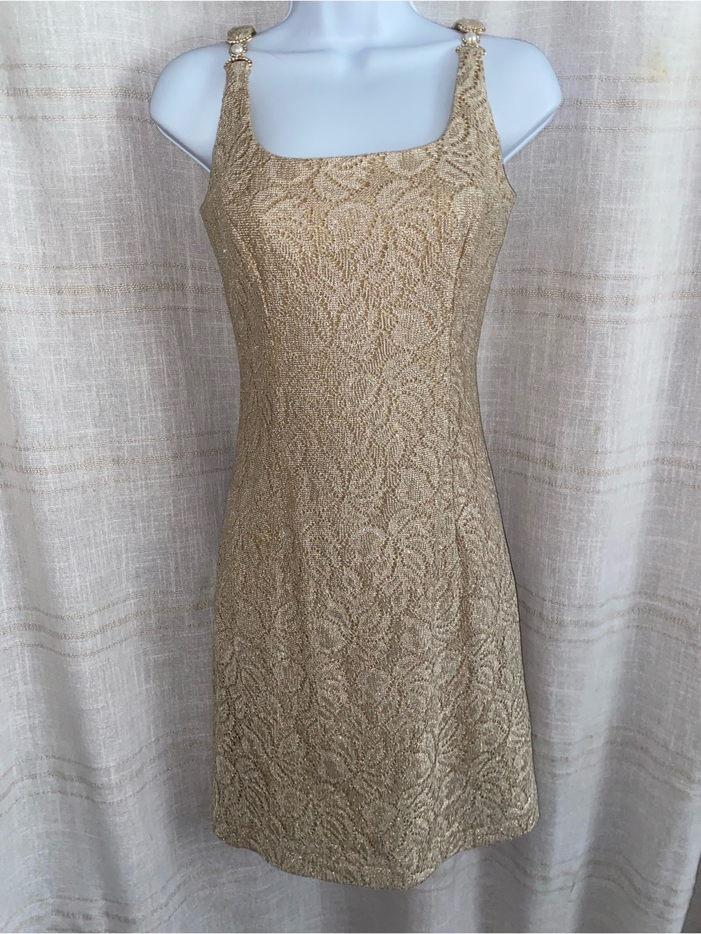 70’s Vtg Designer Bari Jay Liquid Gold Metallic Pearl Strap Dress 4 Designer USA